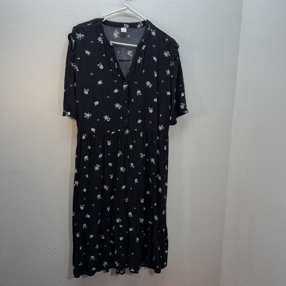Old Navy Floral Print Tiered Midi Shirt Dress Cottagecore Sundress Sz L Black